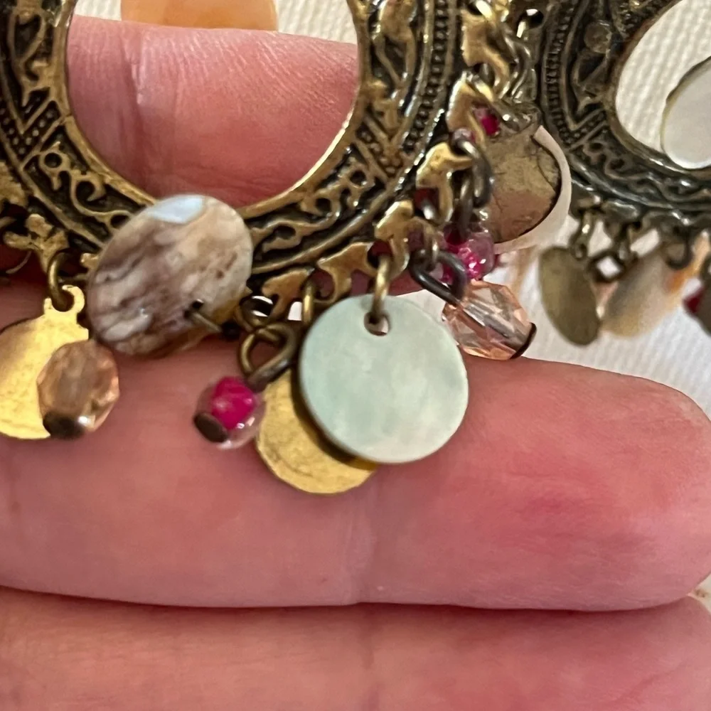 Vintage Bohemian brass mother of pearl earrings..